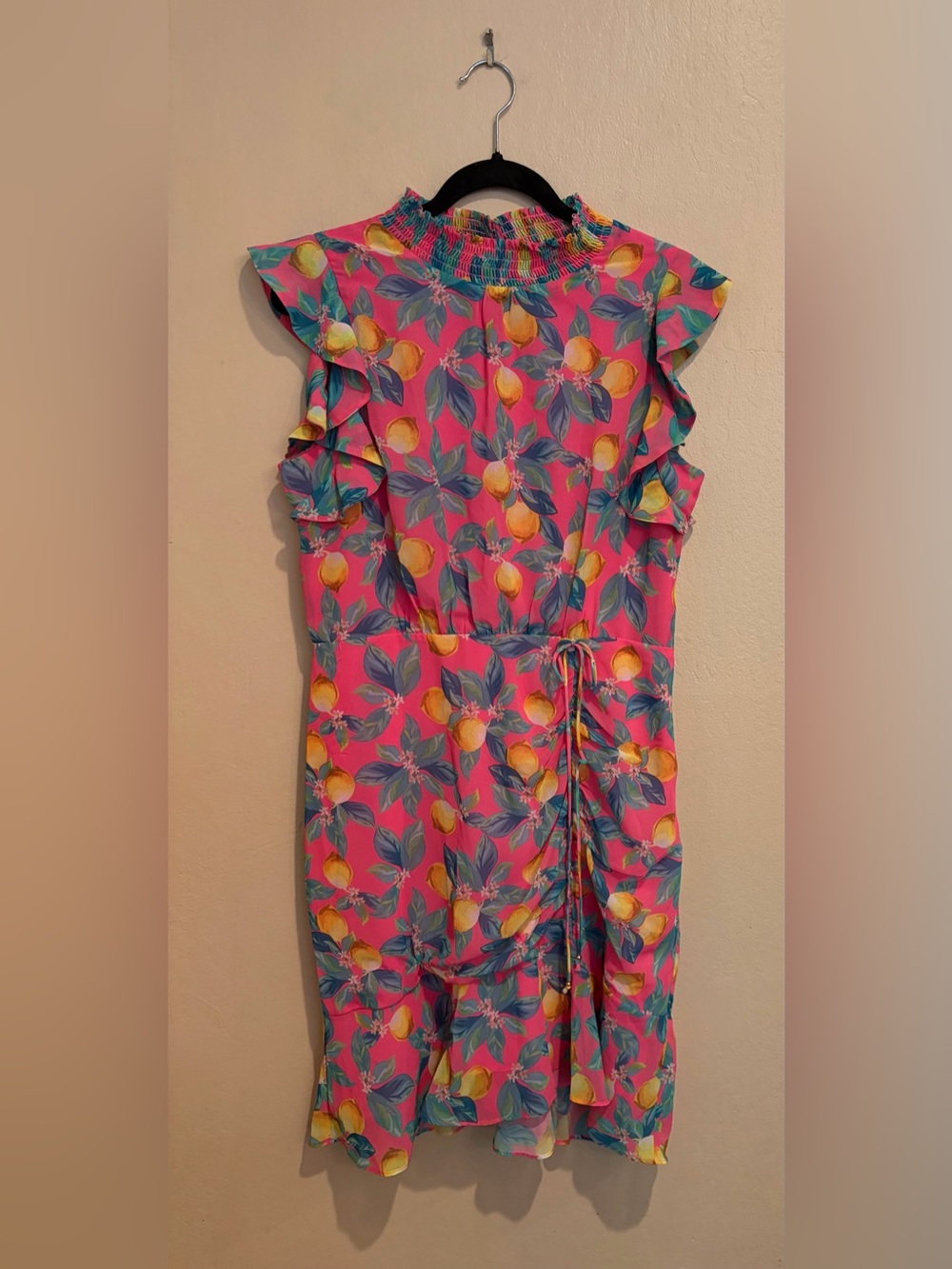 NWT Sam Edelman Hot Pink Midi Dress w/ Yellow Lemons & Ruffles, Summer Cute